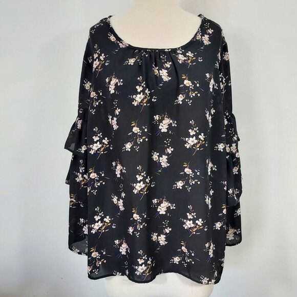 Moa Moa Shirt Top Flowy Black Floral Womens Plus Size 1X Layered Sleeve Keyhole - Picture 2 of 14